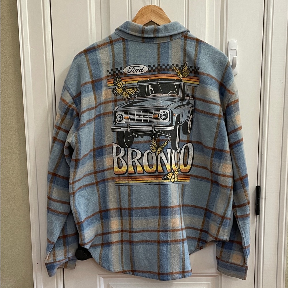 Ford Blue Plaid Shacket with Bronco and Butterflies Design on Back Size Large